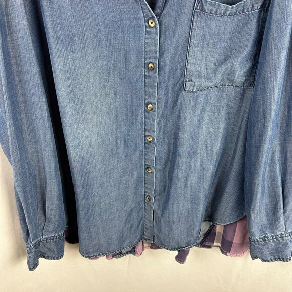 Billy T Love You To Pieces Shirt Women XL Blue Purple Chambray Denim Plaid Boho - Picture 11 of 15